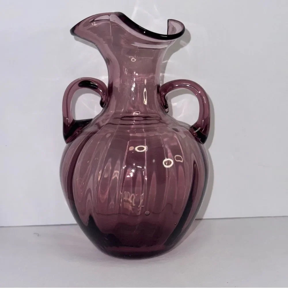 purple amethyst Glass Vase Crimped Edges Double Handles 6 inches Tall